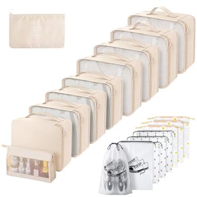 Gemtte Set van 18 waterdichte kofferorganizers, multifunctionele opbergkubus, kofferorganizer, reistas met kledingtassen (beige) Gemtte Set van 18 waterdichte kofferorganizers, multifunctionele opbergkubus, kofferorganizer, reistas met kledingtassen (beige)