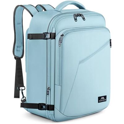 MATEIN Rugzak voor reizen, cabine, vliegtuig, 55 x 35 x 25 cm, rekbaar, waterdicht, handbagage voor Air France, 50 l, grote reistas voor heren en dames, werk, vrije tijd, school, lichtblauw MATEIN Rugzak voor reizen, cabine, vliegtuig, 55 x 35 x 25 cm, rekbaar, waterdicht, handbagage voor Air France, 50 l, grote reistas voor heren en dames, werk, vrije tijd, school, lichtblauw