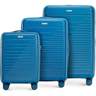 WITTCHEN FUERTA Line Kofferset Harde bagage Uitbreidbare koffer Koffer van polypropyleen met glanzende strepen 4 dubbele wielen Telescopische handgreep TSA-slot Maat (S+M+L) blauw WITTCHEN FUERTA Line Kofferset Harde bagage Uitbreidbare koffer Koffer van polypropyleen met glanzende strepen 4 dubbele wielen Telescopische handgreep TSA-slot Maat (S+M+L) blauw