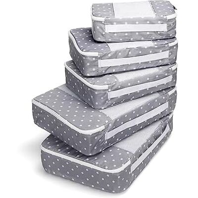 TravelWise Bagage, witte stippen, 1 klein, 2 middelgroot, 2 grote verpakkingskubussen TravelWise Bagage, witte stippen, 1 klein, 2 middelgroot, 2 grote verpakkingskubussen