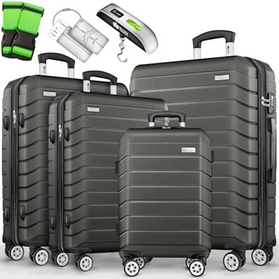 tillvex ® Set van 4 reiskoffers + weegschaal, 4 bagageriemen en 4 bagagelabels Kofferset met wielen en TSA-Lock Reistassen met harde schaal S-M-L-XL (grijs/antraciet) tillvex ® Set van 4 reiskoffers + weegschaal, 4 bagageriemen en 4 bagagelabels Kofferset met wielen en TSA-Lock Reistassen met harde schaal S-M-L-XL (grijs/antraciet)