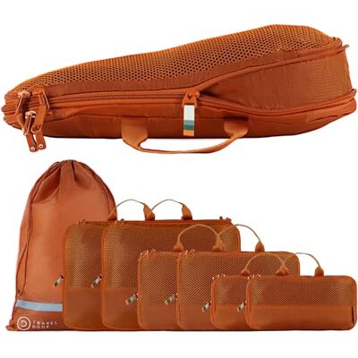 Travel Dude Reisorganizer Bagage Compressietas van gerecyclede plastic flessen Kofferopslag voor rugzak (7 stuks, oranje gebrand) Travel Dude Reisorganizer Bagage Compressietas van gerecyclede plastic flessen Kofferopslag voor rugzak (7 stuks, oranje gebrand)