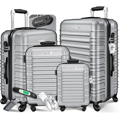 KESSER ® Set van 4 harde ABS-koffers met telescopische handgreep S-M-L-XL, zilverkleurig. KESSER ® Set van 4 harde ABS-koffers met telescopische handgreep S-M-L-XL, zilverkleurig.