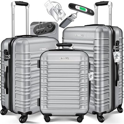 KESSER ® Harde ABS-koffer met harde wielen, 3 stuks, met telescopische handgreep, zilverkleurig. KESSER ® Harde ABS-koffer met harde wielen, 3 stuks, met telescopische handgreep, zilverkleurig.