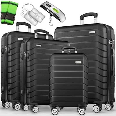 tillvex ® Set van 4 reiskoffers + weegschaal, 4 bagageriemen en 4 bagagelabels Kofferset met wielen en TSA-Lock Reistassen met harde schaal S-M-L-XL (zwart) tillvex ® Set van 4 reiskoffers + weegschaal, 4 bagageriemen en 4 bagagelabels Kofferset met wielen en TSA-Lock Reistassen met harde schaal S-M-L-XL (zwart)