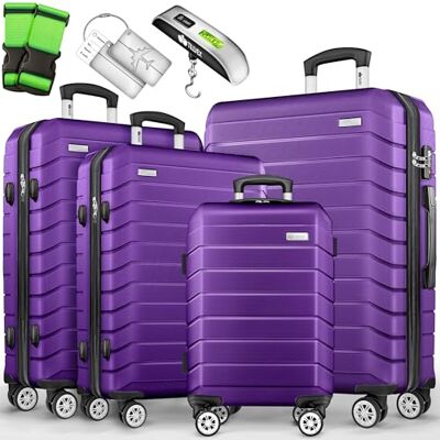 tillvex ® Set van 4 reiskoffers + weegschaal, 4 bagageriemen en 4 bagagelabels Kofferset met wielen en TSA Lock Reistassen met harde schaal S-M-L-XL (paars) tillvex ® Set van 4 reiskoffers + weegschaal, 4 bagageriemen en 4 bagagelabels Kofferset met wielen en TSA Lock Reistassen met harde schaal S-M-L-XL (paars)