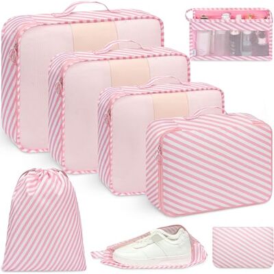 BAGAIL 8-delige set verpakkingskubussen, reisorganizers met ademend gaas en schoenentas, lichtgewicht nylon organizer voor koffers, verkrijgbaar in 9 kleuren, roze streep BAGAIL 8-delige set verpakkingskubussen, reisorganizers met ademend gaas en schoenentas, lichtgewicht nylon organizer voor koffers, verkrijgbaar in 9 kleuren, roze streep