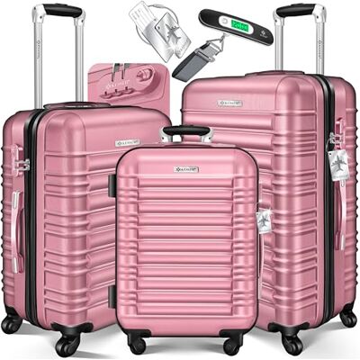 KESSER ® Harde ABS-koffer met harde wielen, 3 stuks, met telescopische handgreep, Roze KESSER ® Harde ABS-koffer met harde wielen, 3 stuks, met telescopische handgreep, Roze