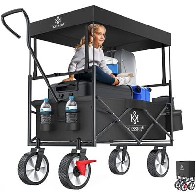KESSER ® Opvouwbare transportwagen met dak, armwagen, trolley met wielen, transportaanhanger, 2 netvakken en een buitenvak inbegrepen, opvouwbaar, zwart KESSER ® Opvouwbare transportwagen met dak, armwagen, trolley met wielen, transportaanhanger, 2 netvakken en een buitenvak inbegrepen, opvouwbaar, zwart