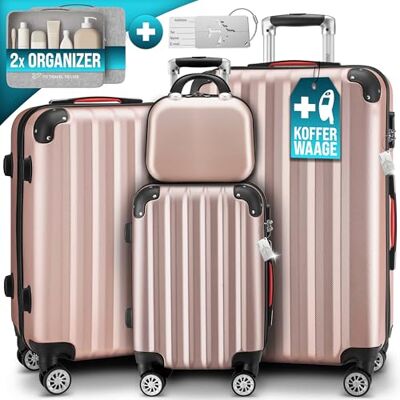 Monzana Set van 4 koffers roségoud met Vanity-Case M/L/XL bagageweegslot incl. bagage trolley reizen Monzana Set van 4 koffers roségoud met Vanity-Case M/L/XL bagageweegslot incl. bagage trolley reizen