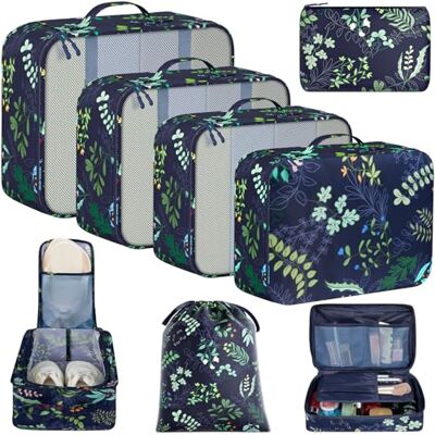BAGAIL 8 stuks verpakkingskubussen voor bagage en reisaccessoires, marineblauw bladpatroon BAGAIL 8 stuks verpakkingskubussen voor bagage en reisaccessoires, marineblauw bladpatroon