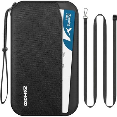 MoKo Familie paspoorthouder voor 5 personen met schouderriem en AirTag-houder, RFID-blokkerende paspoort reisportemonnee documentenorganizer voor vliegtickets, kaarten, hoeken, sleutels, pen, zwart MoKo Familie paspoorthouder voor 5 personen met schouderriem en AirTag-houder, RFID-blokkerende paspoort reisportemonnee documentenorganizer voor vliegtickets, kaarten, hoeken, sleutels, pen, zwart