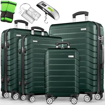 tillvex ® Set van 4 reiskoffers + weegschaal, 4 bagageriemen en 4 bagagelabels Kofferset met wielen en TSA-Lock Reistassen met harde schaal S-M-L-XL (legergroen) tillvex ® Set van 4 reiskoffers + weegschaal, 4 bagageriemen en 4 bagagelabels Kofferset met wielen en TSA-Lock Reistassen met harde schaal S-M-L-XL (legergroen)