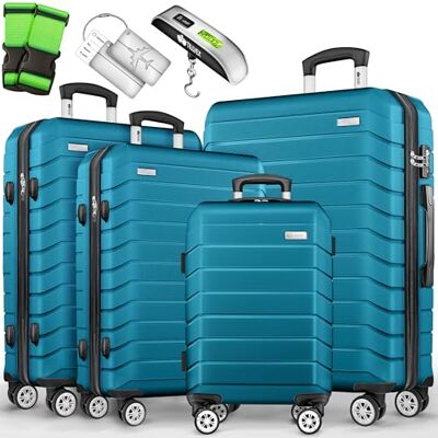 tillvex ® Set van 4 reiskoffers + weegschaal, 4 bagageriemen en 4 bagagelabels Kofferset met wielen en TSA-Lock Reistassen met harde schaal S-M-L-XL (turquoise) tillvex ® Set van 4 reiskoffers + weegschaal, 4 bagageriemen en 4 bagagelabels Kofferset met wielen en TSA-Lock Reistassen met harde schaal S-M-L-XL (turquoise)