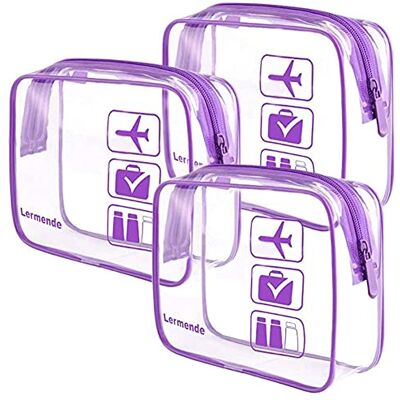 Lermende Set van 3 transparante toilettas, TSA-goedgekeurd, voor reizen, handbagage, luchthaven, luchtvaartmaatschappijen, 3 x paars., Toilettas Lermende Set van 3 transparante toilettas, TSA-goedgekeurd, voor reizen, handbagage, luchthaven, luchtvaartmaatschappijen, 3 x paars., Toilettas