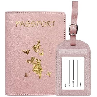 Generic Paspoorthoes met bagagelabel, wereldkaartmotief, 1 paspoorthouder + 1 bagagelabel, roze, Roze, Deluxe paspoorthouder Generic Paspoorthoes met bagagelabel, wereldkaartmotief, 1 paspoorthouder + 1 bagagelabel, roze, Roze, Deluxe paspoorthouder