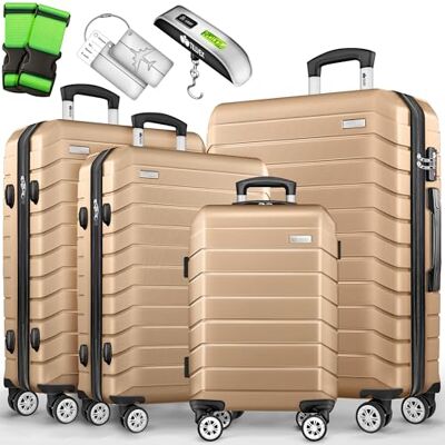 tillvex ® Set van 4 reiskoffers + weegschaal, 4 bagageriemen en 4 bagagelabels Kofferset met wielen en TSA Lock Reistassen met harde schaal S-M-L-XL (champagne) tillvex ® Set van 4 reiskoffers + weegschaal, 4 bagageriemen en 4 bagagelabels Kofferset met wielen en TSA Lock Reistassen met harde schaal S-M-L-XL (champagne)