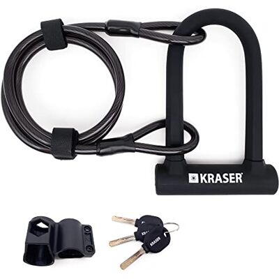 KRASER KR65145B U-diefstalbeveiliging voor fiets, compact + kabel, 120 cm, veiliger en praktisch, vork ø16 van staal met dubbele vergrendeling, eenvoudige transporthouder, universeel voor scooter en elektrische fiets KRASER KR65145B U-diefstalbeveiliging voor fiets, compact + kabel, 120 cm, veiliger en praktisch, vork ø16 van staal met dubbele vergrendeling, eenvoudige transporthouder, universeel voor scooter en elektrische fiets