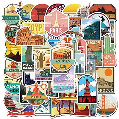 Kaderas Set van 50 reisstickers, vintage, vinyl stickers voor koffer, laptop, helm, skateboard, fiets, waterdichte decoratie (reis naar het platteland) Kaderas Set van 50 reisstickers, vintage, vinyl stickers voor koffer, laptop, helm, skateboard, fiets, waterdichte decoratie (reis naar het platteland)