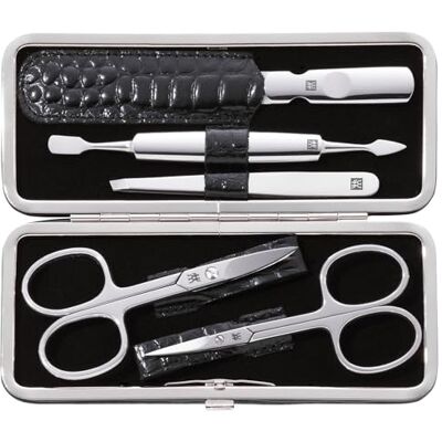 ZWILLING Manicureset (5 stuks, voor vinger- en teennagels, echt leren etui met metalen frame), gepolijst roestvrij staal, krokodilleneditie, zwart ZWILLING Manicureset (5 stuks, voor vinger- en teennagels, echt leren etui met metalen frame), gepolijst roestvrij staal, krokodilleneditie, zwart