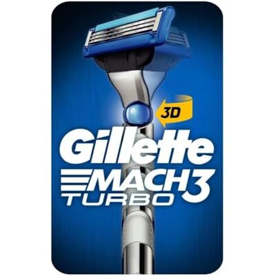 Gillette Mach3 Turbo scheerapparaat voor heren + 1 navulmesje, 3D-beweging om zich aan de gezichtscontouren aan te passen, sterker dan stalen mesjes, verbeterde Lubrastrip Gillette Mach3 Turbo scheerapparaat voor heren + 1 navulmesje, 3D-beweging om zich aan de gezichtscontouren aan te passen, sterker dan stalen mesjes, verbeterde Lubrastrip