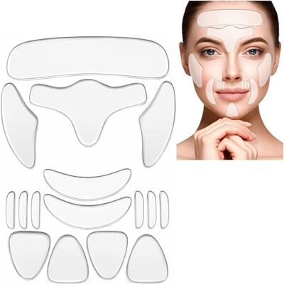 Mokeum 16 stuks herbruikbare siliconen anti-rimpelpatches voor hals, voorhoofd, ogen, mond voor vrouwen en meisjes Mokeum 16 stuks herbruikbare siliconen anti-rimpelpatches voor hals, voorhoofd, ogen, mond voor vrouwen en meisjes