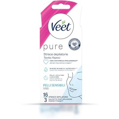 Veet Pure hypoallergene gezichtshaarstrips, waxen en gezicht, dermatologisch getest, 16 strips (8 x 2 strepen) Veet Pure hypoallergene gezichtshaarstrips, waxen en gezicht, dermatologisch getest, 16 strips (8 x 2 strepen)
