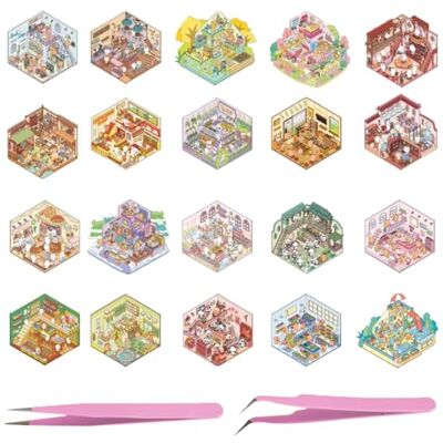 Noaxylic 20 stuks 3D-stickers voor thuis, miniatuurscène met 2 pincetten, 3D-stickerscène met café, boekhandel, restaurant, decoratie, creatieve geschenken, modelbouw Noaxylic 20 stuks 3D-stickers voor thuis, miniatuurscène met 2 pincetten, 3D-stickerscène met café, boekhandel, restaurant, decoratie, creatieve geschenken, modelbouw