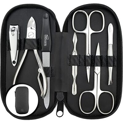 marQus Solingen Made in Germany manicureset voor mannen en vrouwen, 7-delig, met nagelclip, voor hand- en voetverzorging, kunstleren etui met optische koolstoflaag marQus Solingen Made in Germany manicureset voor mannen en vrouwen, 7-delig, met nagelclip, voor hand- en voetverzorging, kunstleren etui met optische koolstoflaag