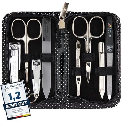 Drei Schwerter Manicureset "Roma" – nageletui met 8 instrumenten: nagelschaar, nagelriemschaar, vingernagelknipper, nagelreiniger, pincet, glazen nagelvijl Drei Schwerter Manicureset "Roma" – nageletui met 8 instrumenten: nagelschaar, nagelriemschaar, vingernagelknipper, nagelreiniger, pincet, glazen nagelvijl