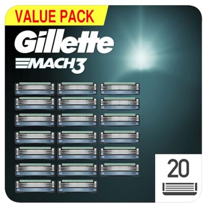 Gillette Mach3 scheermesjes voor heren, 20 stuks, ontworpen in staal voor nauwkeurig knippen en tot 15 scheerbeurten per mesje Gillette Mach3 scheermesjes voor heren, 20 stuks, ontworpen in staal voor nauwkeurig knippen en tot 15 scheerbeurten per mesje