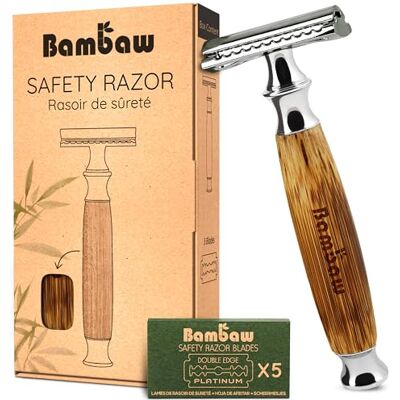 Bambaw Veiligheidsscheerapparaat met bamboe handvat, veiligheidsscheerapparaat, traditioneel en duurzaam, milieuvriendelijk (zilver) Bambaw Veiligheidsscheerapparaat met bamboe handvat, veiligheidsscheerapparaat, traditioneel en duurzaam, milieuvriendelijk (zilver)