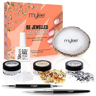 MYLEE Be Jewelled Nail Art Kit Fijne kwast, stippelgereedschap, palet voor het mengen van gelkleuren, 5-in-1 transparante gel, goudfolie, edelstenen en bijpassende kralen MYLEE Be Jewelled Nail Art Kit Fijne kwast, stippelgereedschap, palet voor het mengen van gelkleuren, 5-in-1 transparante gel, goudfolie, edelstenen en bijpassende kralen