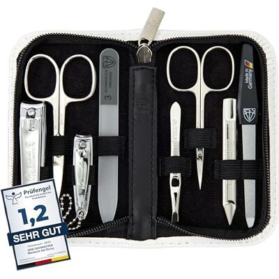 Drei Schwerter Manicureset "Roma" – nageletui met 8 instrumenten: nagelschaar, nagelriemschaar, vingernagelknipper, nagelreiniger, pincet, glazen nagelvijl, Drei Schwerter Manicureset "Roma" – nageletui met 8 instrumenten: nagelschaar, nagelriemschaar, vingernagelknipper, nagelreiniger, pincet, glazen nagelvijl,