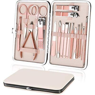 URAQT manicureset pedicure, 18 stuks, professionele nagelknipper, nagelriemsnijder van roestvrij staal, manicureset voor pedicure, met prachtige reis- en thuisdoos (roze) 18 stuks URAQT manicureset pedicure, 18 stuks, professionele nagelknipper, nagelriemsnijder van roestvrij staal, manicureset voor pedicure, met prachtige reis- en thuisdoos (roze) 18 stuks