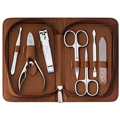 Chali ® 7-delige manicureset, pedicure, met etui, roestvrij staal, nagelriemsnijder, nagelknipper, nagelvijl van glas, tang en tellen Chali ® 7-delige manicureset, pedicure, met etui, roestvrij staal, nagelriemsnijder, nagelknipper, nagelvijl van glas, tang en tellen