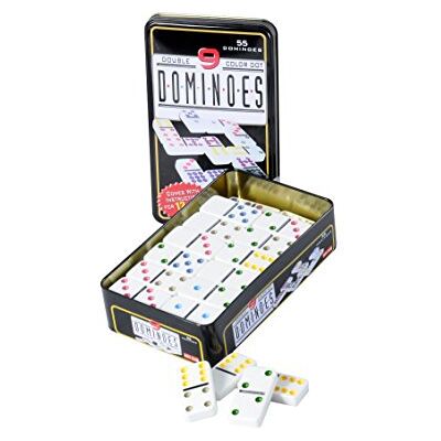Engelhart Groot Dominospel met grote gekleurde stippen in een metalen doos (Double 9; 55 Dominos) Engelhart Groot Dominospel met grote gekleurde stippen in een metalen doos (Double 9; 55 Dominos)