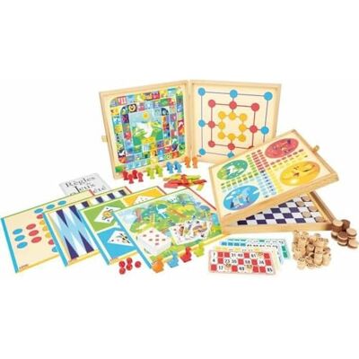 Jeujura Set voor kleine paarden, gans, dames, hinkelt en vele andere, 150 regels, 4 speelborden en houten speelstenen 2 tot 6 spelers, 8124, geel Jeujura Set voor kleine paarden, gans, dames, hinkelt en vele andere, 150 regels, 4 speelborden en houten speelstenen 2 tot 6 spelers, 8124, geel