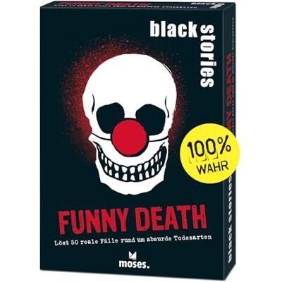 moses 90051 Black Stories Funny Death-50 echte gevallen rond absurde doodsoorten, misdaadhandvest met twee varianten, puzzelspel voor jongeren en volwassenen, wit, S moses 90051 Black Stories Funny Death-50 echte gevallen rond absurde doodsoorten, misdaadhandvest met twee varianten, puzzelspel voor jongeren en volwassenen, wit, S