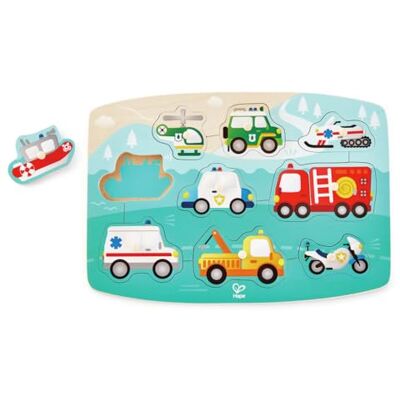 Hape Puzzel met knopen, reddingsvoertuigen, voor kinderen vanaf 2 jaar, 10 kleurrijke stukjes voor fijne motoriek en observatie, houten puzzel met knopen, gemakkelijk te vangen, noodthema Hape Puzzel met knopen, reddingsvoertuigen, voor kinderen vanaf 2 jaar, 10 kleurrijke stukjes voor fijne motoriek en observatie, houten puzzel met knopen, gemakkelijk te vangen, noodthema