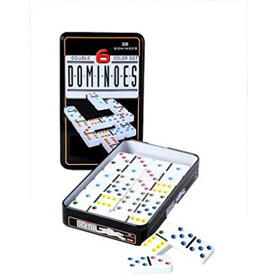 Engelhart Groot dominospel met grote kleurrijke punten in een metalen doos (dubbel 6; 28 domino's) Engelhart Groot dominospel met grote kleurrijke punten in een metalen doos (dubbel 6; 28 domino's)