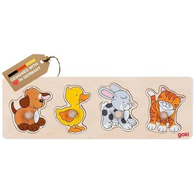 Goki 2041533 Houten puzzel met inbouw hond, eend 4-delig Goki 2041533 Houten puzzel met inbouw hond, eend 4-delig