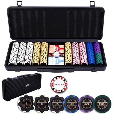 Engelhart 320961 Complete pokerset Zwarte metalen pokerkoffer 500 genummerde chips van 14g (1 tot 1000) + 2 kaartspellen, 1 crêpeknop, 5 dobbelstenen Pokerspeelset en accessoires Engelhart 320961 Complete pokerset Zwarte metalen pokerkoffer 500 genummerde chips van 14g (1 tot 1000) + 2 kaartspellen, 1 crêpeknop, 5 dobbelstenen Pokerspeelset en accessoires