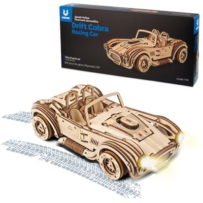 UGEARS Drift Cobra Racing Car 3D-puzzel Vaderdagcadeau, vintage 3D-puzzelmodelset met krachtige veermotor modelbouwsets voor volwassenen om te bouwen UGEARS Drift Cobra Racing Car 3D-puzzel Vaderdagcadeau, vintage 3D-puzzelmodelset met krachtige veermotor modelbouwsets voor volwassenen om te bouwen