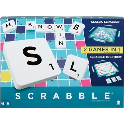 Mattel Scrabble Bordspel, familiewoordspel met twee speelmogelijkheden, bevat 50 doelkaarten die de basis van Scrabble leren voor 2-4 spelers, Britse versie, HWD43 Mattel Scrabble Bordspel, familiewoordspel met twee speelmogelijkheden, bevat 50 doelkaarten die de basis van Scrabble leren voor 2-4 spelers, Britse versie, HWD43