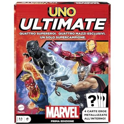 Mattel UN Ultimate Marvel Het iconische spel met 4 gelamineerde verzamelkaarten en Marvel superhelden waaronder Black Panther, Captain Marvel, Iron Man en Thor, kinderspeelgoed, 7 jaar Mattel UN Ultimate Marvel Het iconische spel met 4 gelamineerde verzamelkaarten en Marvel superhelden waaronder Black Panther, Captain Marvel, Iron Man en Thor, kinderspeelgoed, 7 jaar