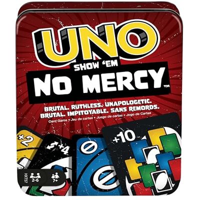 Mattel UNO No Mercy Kaartspel in transport- en reisdoos, voor familiespelavonden, met speciale regels en strengere straffen, HXT57 Mattel UNO No Mercy Kaartspel in transport- en reisdoos, voor familiespelavonden, met speciale regels en strengere straffen, HXT57