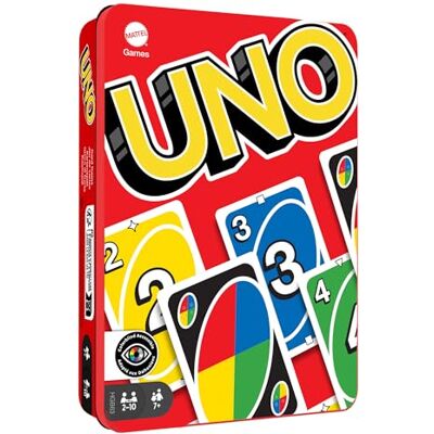 Mattel UNO metalen box, gezelschapsspel en 112 kaarten voor het hele gezin, 2 tot 10 spelers, vanaf 7 jaar, HGB63 Mattel UNO metalen box, gezelschapsspel en 112 kaarten voor het hele gezin, 2 tot 10 spelers, vanaf 7 jaar, HGB63