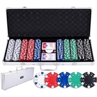 Engelhart 320915 – pokerset – koffer van zilverkleurig metaal – 500 chips 11,5 g zonder nummer + 2 kaartspellen, 1 crêpeknop, 5 dobbelstenen – pokerspeelset en accessoires Engelhart 320915 – pokerset – koffer van zilverkleurig metaal – 500 chips 11,5 g zonder nummer + 2 kaartspellen, 1 crêpeknop, 5 dobbelstenen – pokerspeelset en accessoires