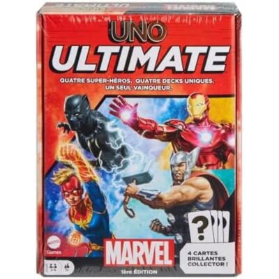 Mattel Uno Ultimate Marvel HPT47 kaartspel met 4 glanzende kaarten om te verzamelen, personagekaarten en speciale regels, speelgoed voor kinderen, vanaf 7 jaar Mattel Uno Ultimate Marvel HPT47 kaartspel met 4 glanzende kaarten om te verzamelen, personagekaarten en speciale regels, speelgoed voor kinderen, vanaf 7 jaar